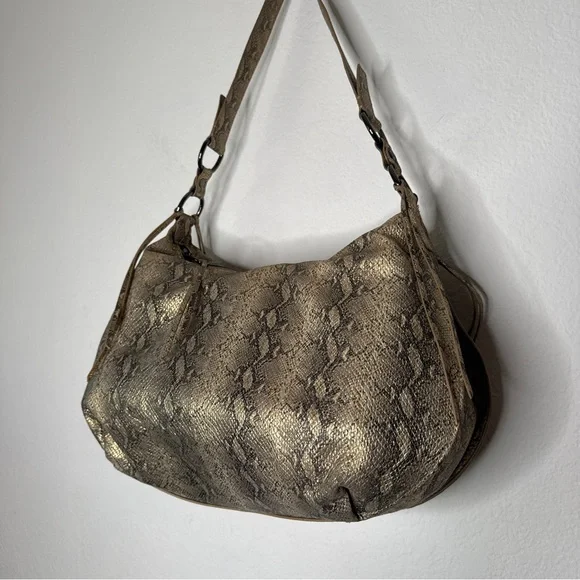 Hobo Lennox Shoulder Bag Snakeskin Print Leather Fringe Metallic Zipper - Picture 2 of 15